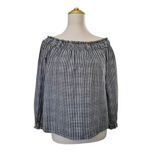 Rag & Bone/JEAN Small Top Off the Shoulder Drew Black & White‎ Cotton Gingham
